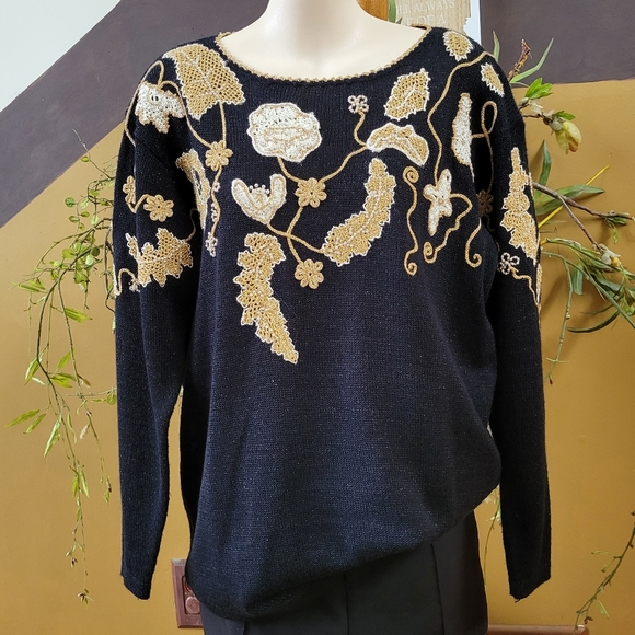 Vintage Sweaters - Vintage Beaded Sweater Black Shimmer  Gold Applique Pearl Beads Jocelyn Smith M